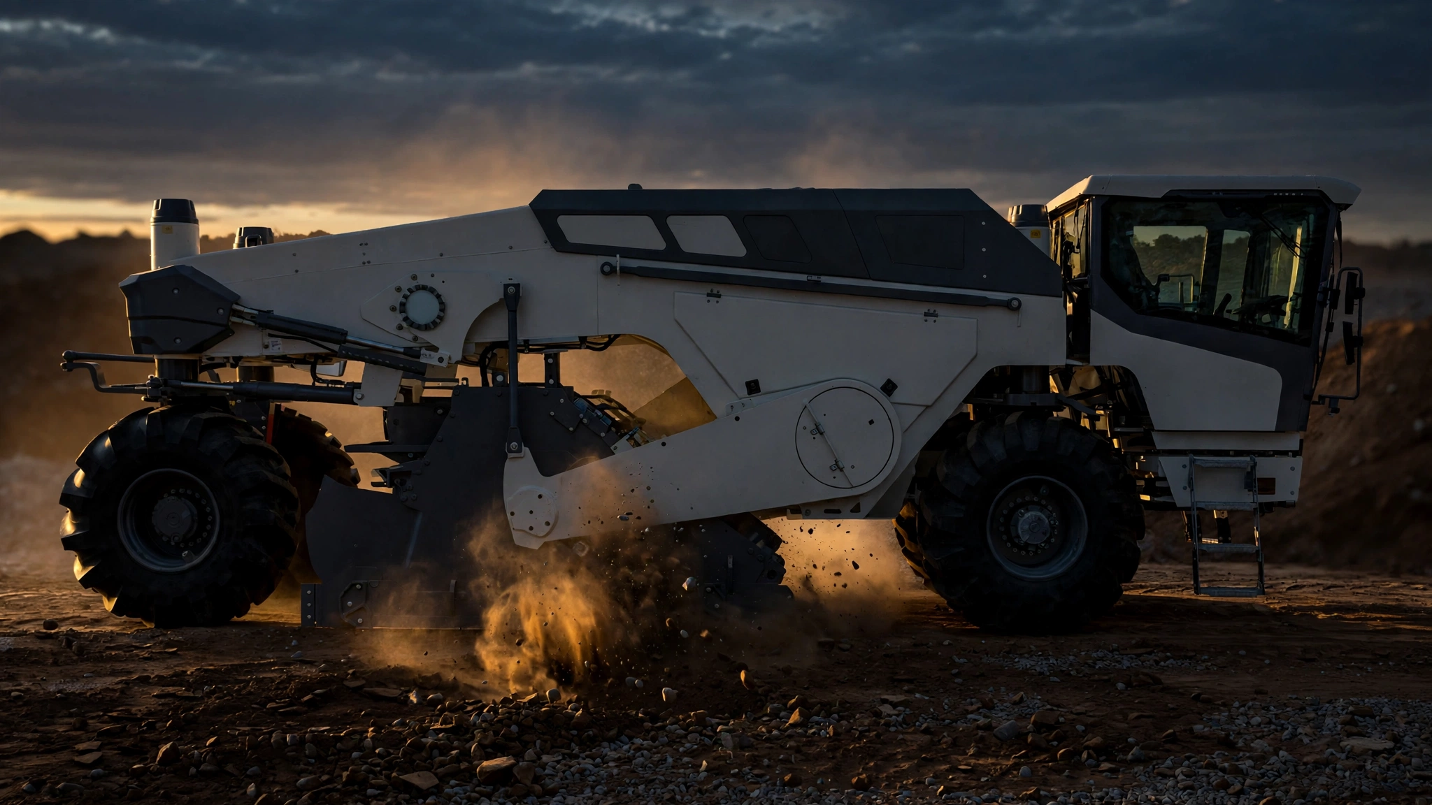 Heavy-duty soil stabilizer machine on construction site